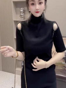 Slim Fit High Collar T-Shirt Womens Fashionable Shoulder Bared Hollow out Splice Top Early Spring Autumn Five Sleeve Half Sleeve