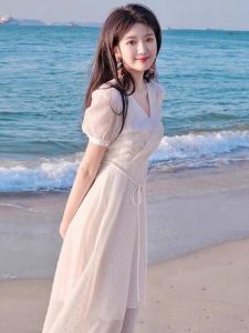 French Style Gentle V-Neck Fairy Dress Thin Summer Slim Sweet Bubble Sleeve Midi Skirt Retro Commute High Waist Short Sleeve