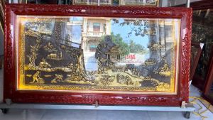 Tranh phong cảnh đồng quê DxR: 170cm x 90cm bằng đồng nền giả cổ có đèn led khung gỗ thịt