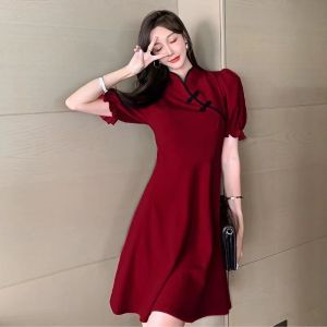 ชุดเดรสยาวปานกลางสีดำ ทรงเอเข้ารูป แขนพอง เอวสูง ชุดเดรสแฟชั่นฤดูร้อน 2022 สำหรับผู้หญิง ชุดราตรีสีพื้น