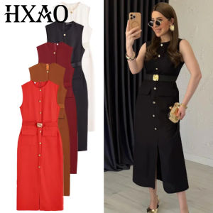 HXAO 2025 Black Dress Womens Dress Summer Elegant Casual Slim Holiday Dress O-Neck Sleeveless Button Up Belt Long Vestidos 066