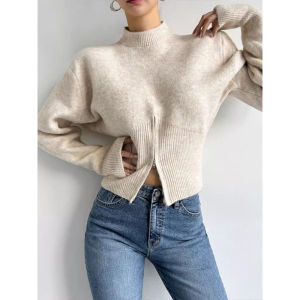Chic Autumn Loose Fit Long Sleeve Zipper Design round Neck Knitwear Pure Color Womens Fashion Casual Breathable Comfortable