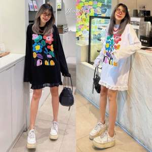 [ส่งฟรี / มีโค้ดลด] | เดรสคอกลมแขนยาวลายดอกไม้ แต่งระบายชีฟองชายกระโปรง