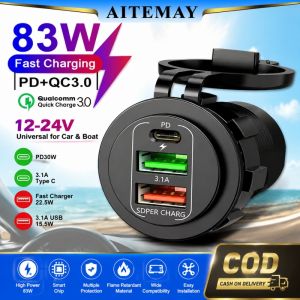 Aitemay 236PD 83W 4-Port QC3.0 USB Car Charger Socket 12V/24V Type-C Fast Charging with Voltmeter for Motorcycle RV Boat AT Breakdown