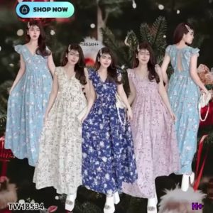 P18534 เดรสยาวแขนกุด ไหล่ระบาย ลายดอกไม้