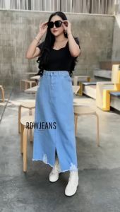 Jeans Skirt Ripped Rok Jeans Tebal Non-Stretch Model Sobek Unfinish