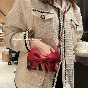 Fashionable Red Leather Phone Case with Butterfly Knot And Wrist Strap for  13 pro Max Crossbody Bag Style Womens Model