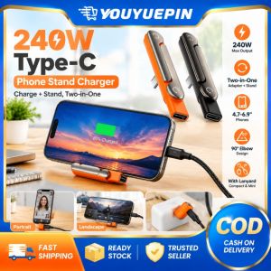 YOUYUEPIN 2 In 1 Type C Charging Bracket 240W PD Quick Charge Adapter 90 Degree Elbow Design For Gaming Video Watching Compatible 4.7-6.9 Inch Phones Orange Black