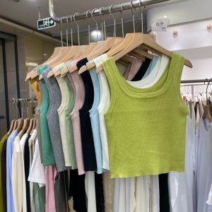 Áo Len Dệt Kim Cổ Chữ U Hai Mặt Cho Nữ Mùa Xuân Hè Áo Ngắn Không Tay Áo Ba Lỗ Cổ Chữ U Co Giãn Áo Khoác Ngoài