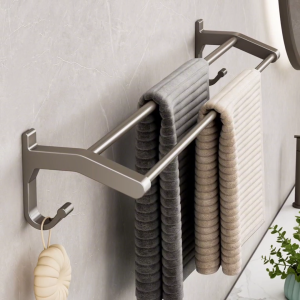 BEULIFE Bathroom Aluminium Double Rod Bar Towel Rack Towel Hanger Rack Holder No Drill Rak Penyangkut Ampaian Tuala