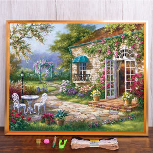 Meian Landscape Cross Stitch Kits Cartoon Houses Stream Cherry Tree Dream Home Decor Painting Embroidery Set DMC Printed Canvas