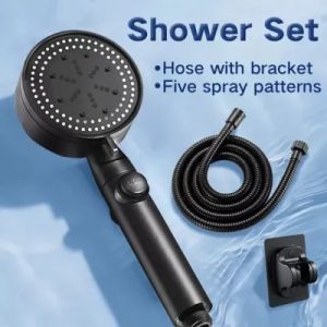 3 In 1 Shower Head Set with Hose Set Shower Set High Pressure Bathroom Shower 5 Spray Modes Handheld Shower Household One-key Water Stop Detachable Shower Set [Black]