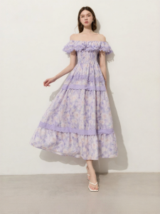 D-PLAY | Resort Purple One-shoulder Lace Flared Hem Sleeveless Floral Print Dress
