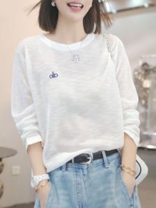 Shalldoer | Simple Pure Color Long Sleeve Letter Print T-Shirt Womens Summer Thin Sun Protection Cover Up Top Korean Style Loose Fit