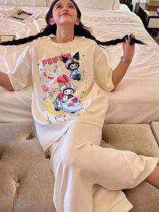 Cute Cartoon Print Short Sleeve T-shirt for Women Loose Fit Pure Cotton Summer Crewneck Work Clothing Versatile and Youthful