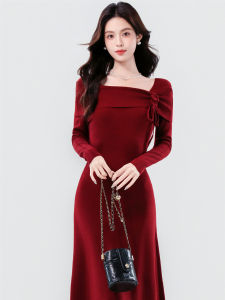 Red Long Sleeve Knitted Dress for Women Spring Autumn Wedding Ceremony Important Occasions Formal A-Line Skirt One Piece Dress