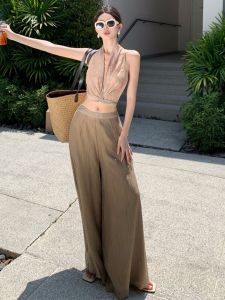 Beach Vacation High Waist Wide Leg Pants Draped Sense Silk Floating Skirt Lazy Style Bohemian Print Long Casual Pants