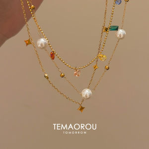 Retro Layered Autumn Winter Small Necklace Sparkling Starburst Pendant Pearl Choker Fashion Jewelry Accessory New Arrival