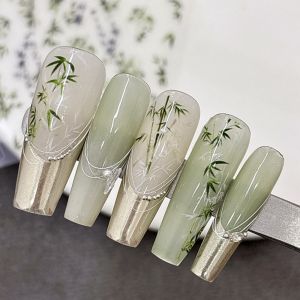 1pcs 5D ฤดูใบไม้ผลิจีน Retro สีแดงสีเขียวไม้ไผ่เล็บ Charms สติกเกอร์ 4 รูปแบบตกแต่งเล็บ DIY self-Adhesive Slider