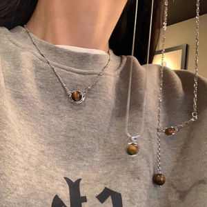 Retro Tiger Eye Stone Splicing Necklace for Women: Simple Versatile High-End Sensation Minimalist Design Bone Chain Jewelry