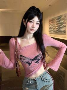 American Butterfly Print Long Sleeves T-shirt Womens Spring Irregular Slim-Fit Short Stylish Pure Desire Style Drawstring Top