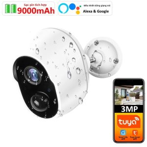 Tuya Smart Life 9000mAh Pin Sạc Có Thể Sạc Lại IP65 Camera Giám Sát Không Dây Ngoài Trời WiFi 3MP Còi Báo Động Camera Quan Sát Alexa Trợ Lý Google Tương Thích