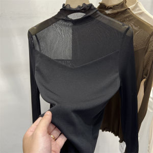 เสื้อยืดคอกลมแขนยาวผ้าตาข่ายสำหรับผู้หญิง ฤดูใบไม้ผลิและฤดูใบไม้ร่วง แฟชั่นใหม่ เสื้อชั้นใน เสื้อตัวบน ผ้าฝ้ายผสมโพลีเอสเตอร์