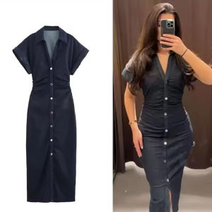 Denim Dress Womens Spring Summer Casual Long Dresses For Women 2026 New Fashion Ruched Short Sleeve Streetwear Midi Dress