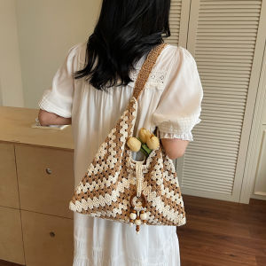 Túi Đeo Chéo Dệt Thủ Công Mùa Hè 2025 Túi Đeo Vai Đơn Túi Xách Đa Năng Phong Cách Bãi Biển Cho Nữ Túi Xách Đơn Giản Màu Trơn