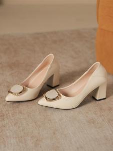 Womens Commuter Fashion Single Shoes Soft Leather High Heels Chunky Heel Slip-On Shoes Large Size Wide Comfortable Ladies Pumps