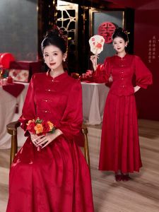 Red Chinese Style Cheongsam Wedding Dress Autumn Winter Series National Retro Tang Costume Top Half Skirt for Brides