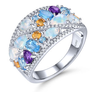 Natural Genuine Opal Topaz Amethyst Sterling Silver Rings 2.2 Carats Multicolor Unique Design Women Anniversary Gift US Size 8