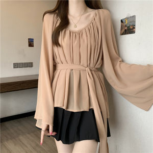 SHIMANQING | Elegant Black Halter Neck Ribboned Chiffon Blouse
