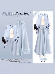 YINGKETUO | Gentle Style Blue Matching Set Blouse Vest Pants