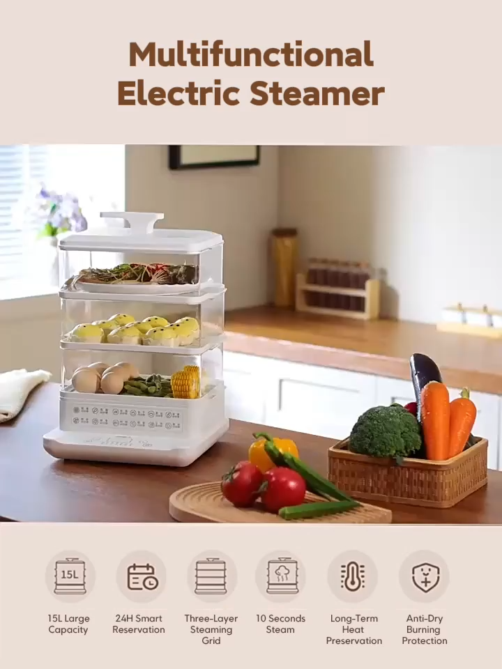 HANATEK 32L Large Capacity Electric Steamer 800W 3-Tier Food Steamer with 24H Timer LED Screen