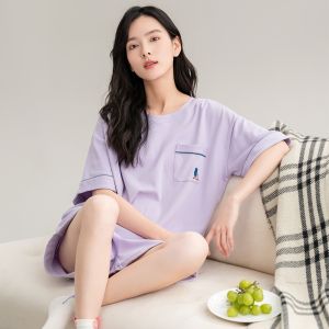 Miiow | Cat Person Womens Summer Sleepwear Set Thin Cotton Short Sleeve Shorts Home Clothes Antibacterial Cute Embroidery Pattern