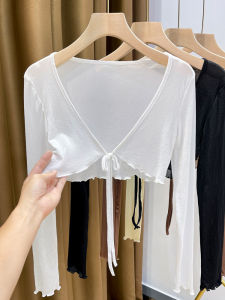 ผ้าคลุมไหล่ไหมน้ำแข็งแขนยาวผู้หญิงชุดเดรสคอตั้งเสื้อคลุมลูกไม้ผูกโบว์ผ้าตาข่ายผ้าฝ้ายเนื้อนุ่มสไตล์เกาหลี