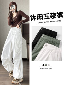 High Waist Wide Leg Black Work Pants Womens Spring Autumn American Style Trousers with Big Pockets Casual Cotton Pants