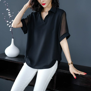 Black Short Sleeve V-Neck Chiffon Top Summer New Style Womens plus Size Clothing Korean Version Mesh Sunscreen Sleeve Covers