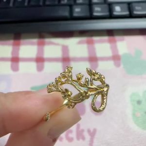 Huitan Tree and Floral Design Women Opening Ring Aesthetic Wedding Metal Jewelry Elegant Nature Party Gold Color Accessories