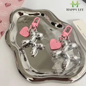 Móc Khóa Charm Chó Bóng Bay Inox Kèm Trái Tim Cute – Set 2 Cái – Trang Trí Túi Xách Balo Chìa Khóa