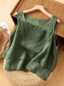 Áo Sơ Mi Không Tay Rộng Rãi Bằng Vải Lanh Cotton Không Tay Dáng Rộng Thoải Mái Cho Nữ Thiết Kế Đơn Giản Cổ Tròn Không Tay Áo Vest