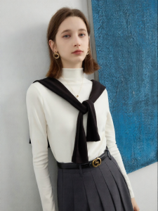 3COLOUR·S | Cloud Feel White Semi-High Neck Long Sleeve T-Shirt for Women