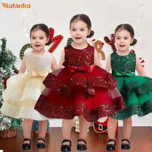 Rolanko ชุดเดรสเจ้าหญิงปักเลื่อมสำหรับเด็กผู้หญิงสำหรับฤดูร้อน1st ชุดปาร์ตี้แต่งงานวันเกิดเด็กมีโบว์ชุดราตรีไม่มีแขนตาข่าย