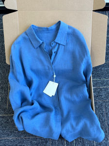 Elegant Blue Linen Long Sleeve Shirt Sunscreen Casual Loose Fit Straight Cut Polo Collar Single Button Closure Pure Color