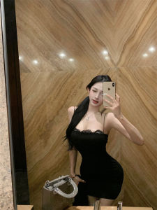 Pure Desire Lace Splice Strap Dress Womens Autumn Winter Waist in Black Skirt with Chest Pad Slim Fit Short Skirt