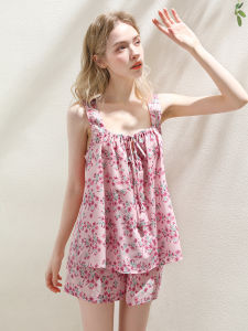 XEXZ | XEXZ Womens Summer New Pure Cotton Nightgown Set With Floral Print Short Sleeveless Round Neck Home Comfortable Sleepwear