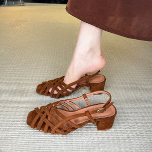 Goatskin Version ~ Retro Style Woven Closed Toe Roman Sandals Womens Summer Outwear Genuine Leather Flats Sandals Pitcher Plant Shoes