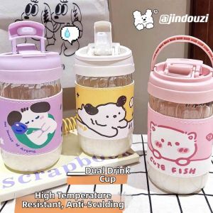 Cute Cartoon Heat-Resistant Water Cup with Dual Drinking Straws