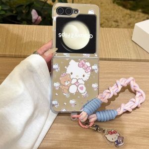Sanrio | Cute Cartoon Makeup Mirror Line Hello Kitty Fold Phone Case For Samsung Z Flip 7 6 5 4 3 Short Rope Anti Drop Protective Cover